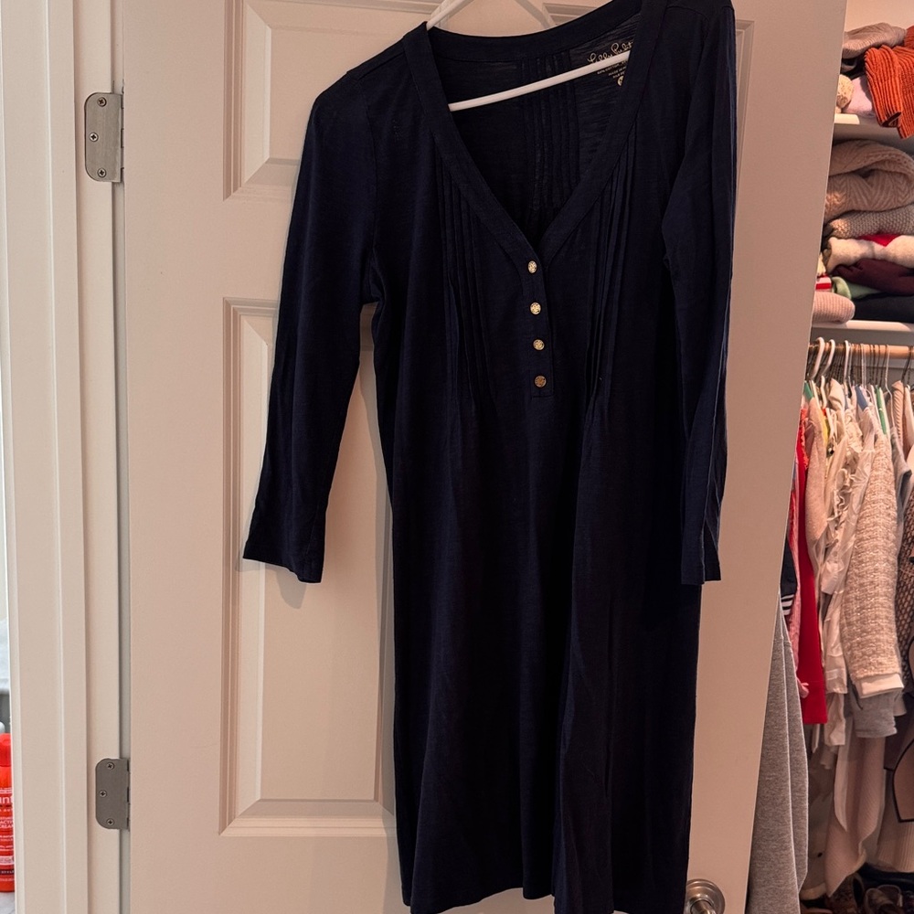 Lilly Pulitzer Navy V-Neck Henley Long-Sleeve Shift Dress